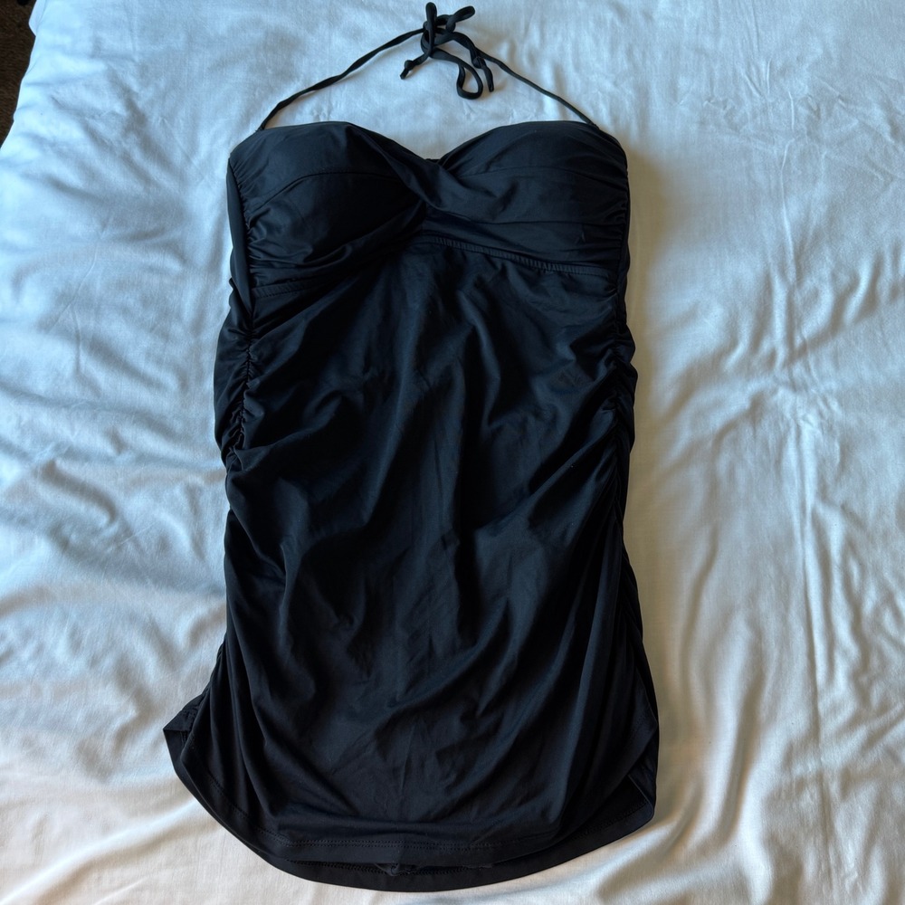 Anne Cole Black Ruched Halter Swimsuit One Piece Skirted Size 14 Vacation Resort